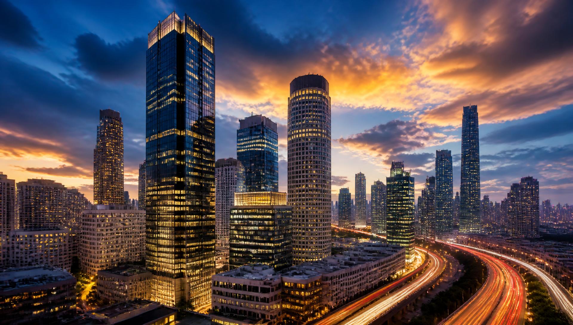 Skyline urbain dynamique au crépuscule, tours illuminées et circulation créant des traînées de lumière