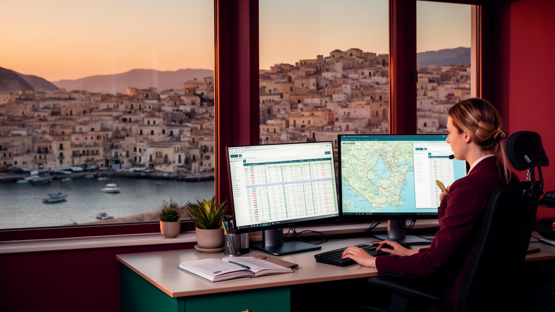 Bureau d'un tour-opérateur avec vue sur un port méditerranéen