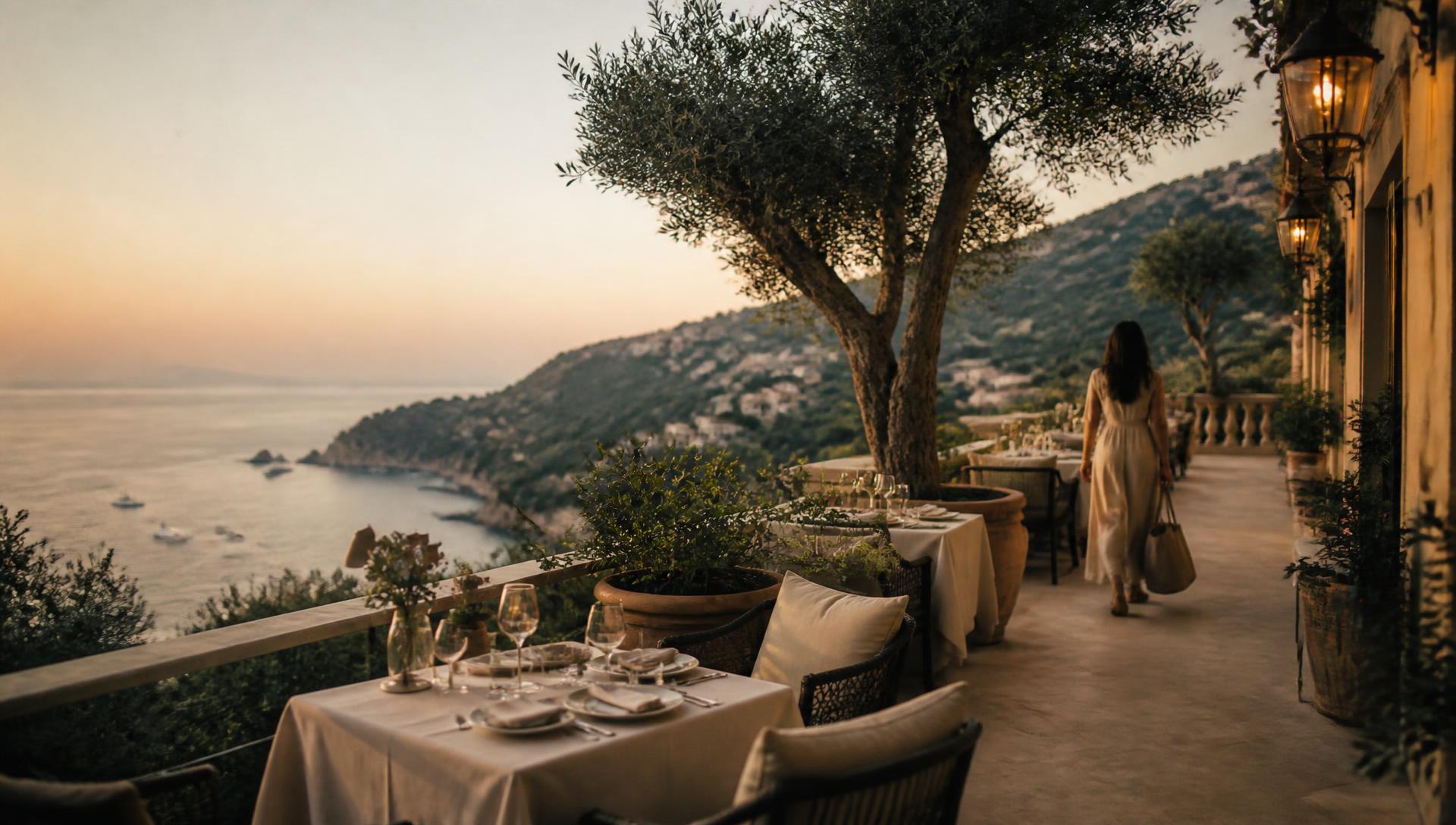 Terrasse d'un hôtel de caractère surplombant la mer à la tombée du jour, tables dressées pour le service
